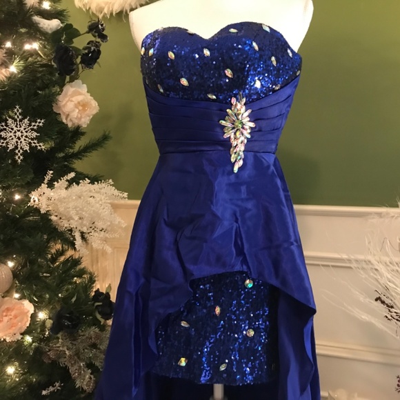 Prom Hi low Royal blue sequins Cocktail party homecoming prom dress - Picture 2 of 8